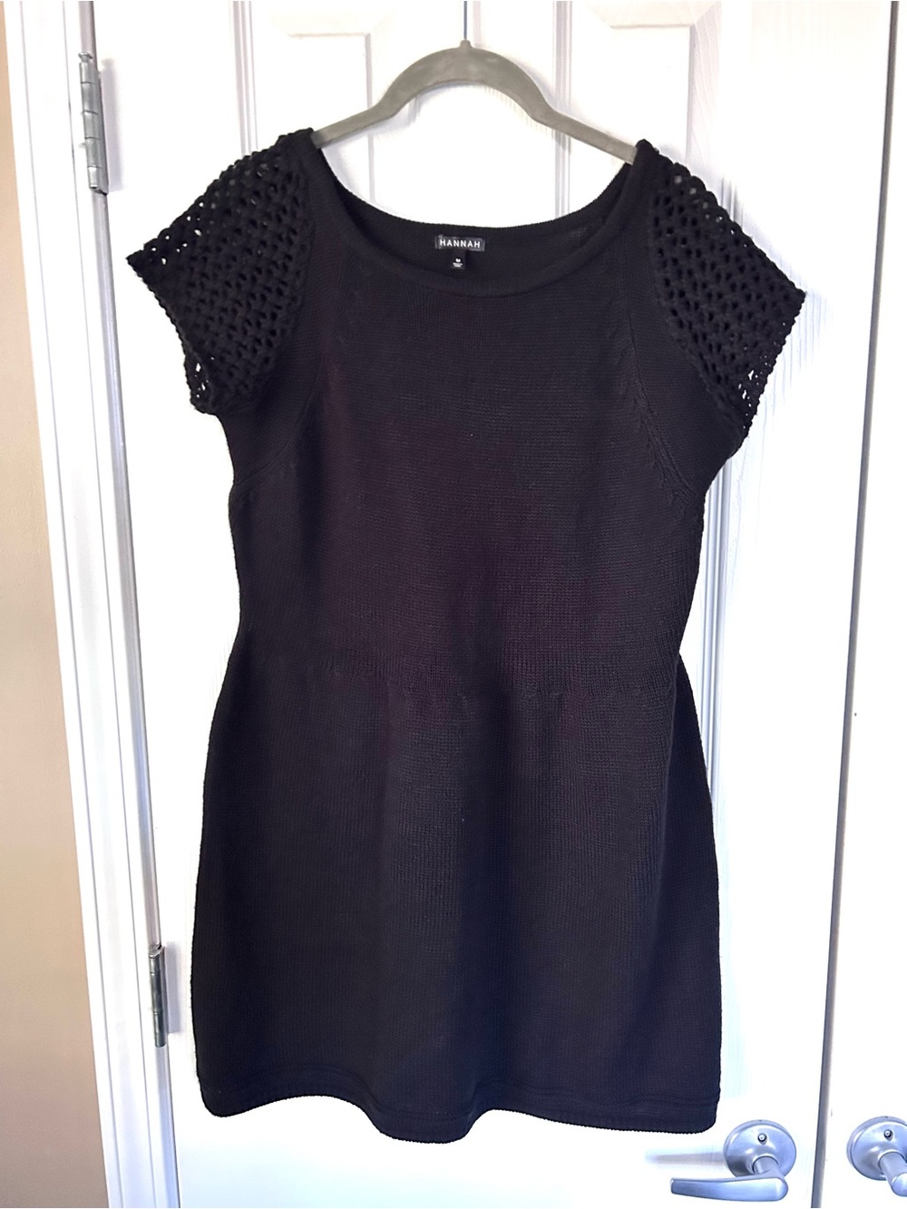 Hannah Black Knit Sweater Dress Size Medium Crochet Sleeve Detail